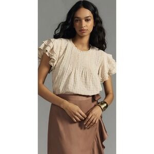 Anthropologie Women's Cream Lace Eyelet Ruffle Sleeve Blouse Top Size M